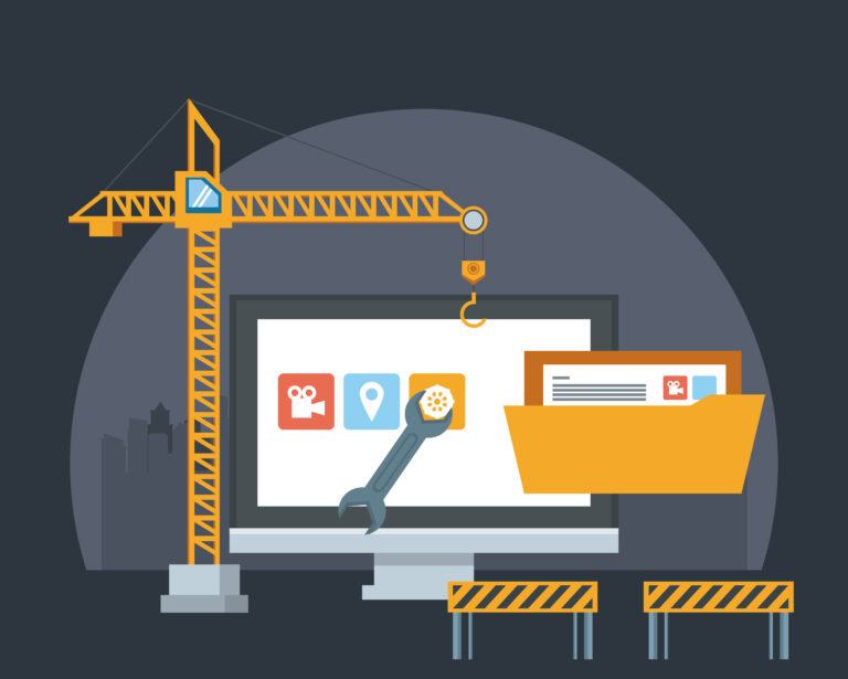 technology device maintenance support computer screen under website construction with engineer heavy tools cartoon vector illustration graphic design