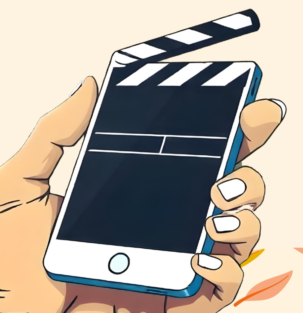 Illustration main tenant un smartphone ayant le haut de l'écran en forme de clap de cinéma