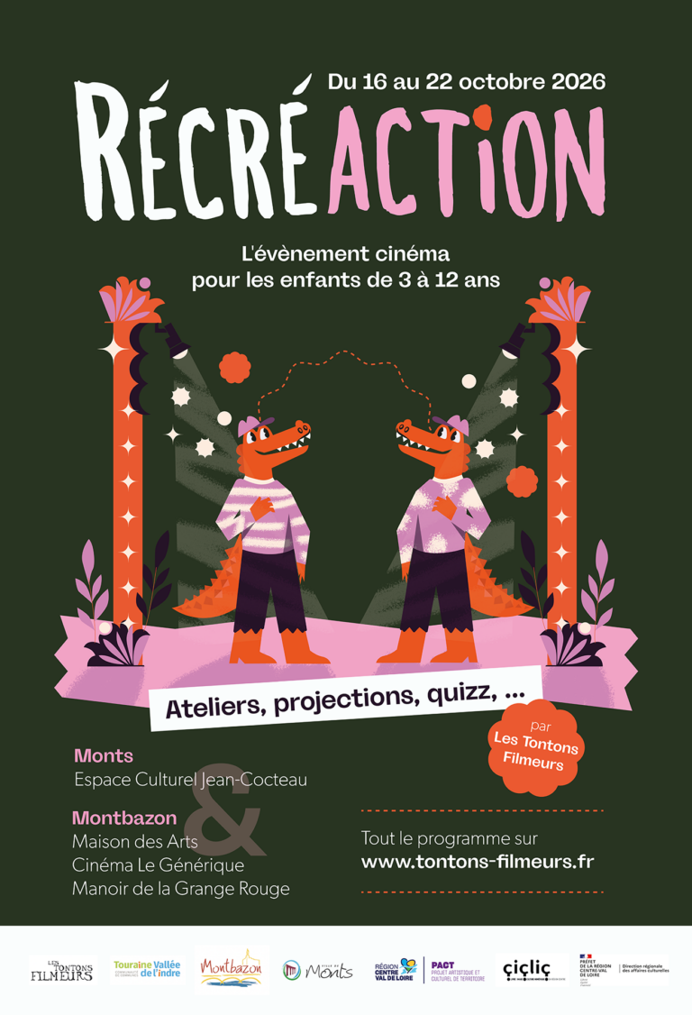 Le festival RécréAction, porté par l’association Les Tontons Filmeurs et la CCTVI, est un rendez-vous convivial et créatif spécialement imaginé pour les enfants de 3 à 12 ans et leurs familles. Dédié à l’image sous toutes ses formes, il propose un espace ludique et accessible où petits et grands peuvent découvrir, créer et partager ensemble. À travers des projections de courts-métrages adaptés, des ateliers participatifs et des moments d’échange, des spectacles,… RécréAction invite chacun à explorer le cinéma de manière amusante et interactive. Véritable temps fort familial, le festival valorise la créativité des enfants tout en favorisant les rencontres et le plaisir de faire ensemble, dans une ambiance chaleureuse et bienveillante. Rendez-vous du 16 au 22 octobre 2026, dans les communes de Monts et Montbazon.